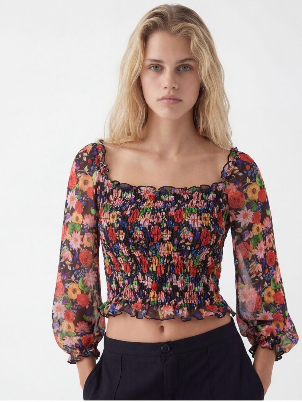Desigual Black Multi Floral Smocked Square-Neck Blouse